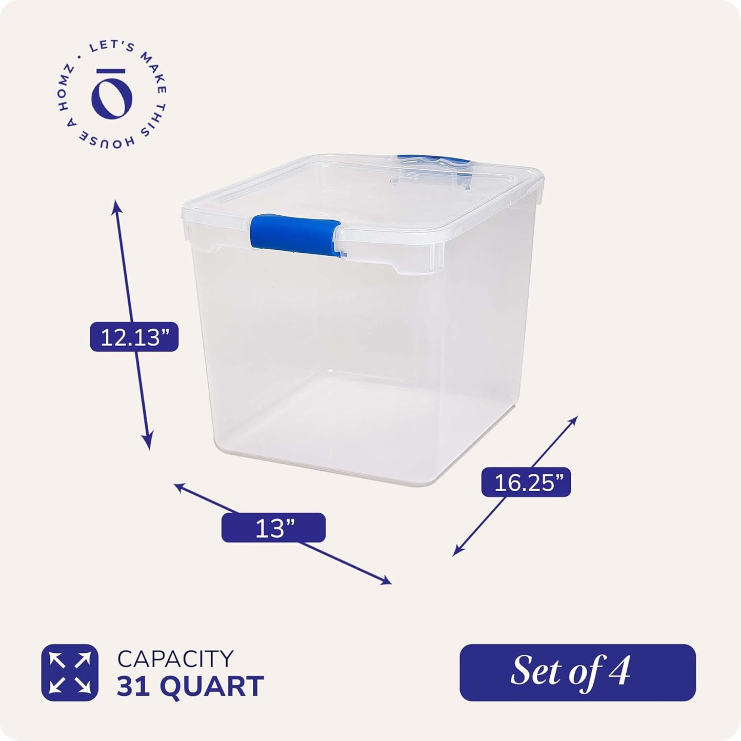 HOMZ 4-Pack Latching Lid, Large Clear Plastic Storage Bins with Lids, 31 Quart, Blue Latch - Stackable Container Boxes for Home, Bathroom, and Office Organization