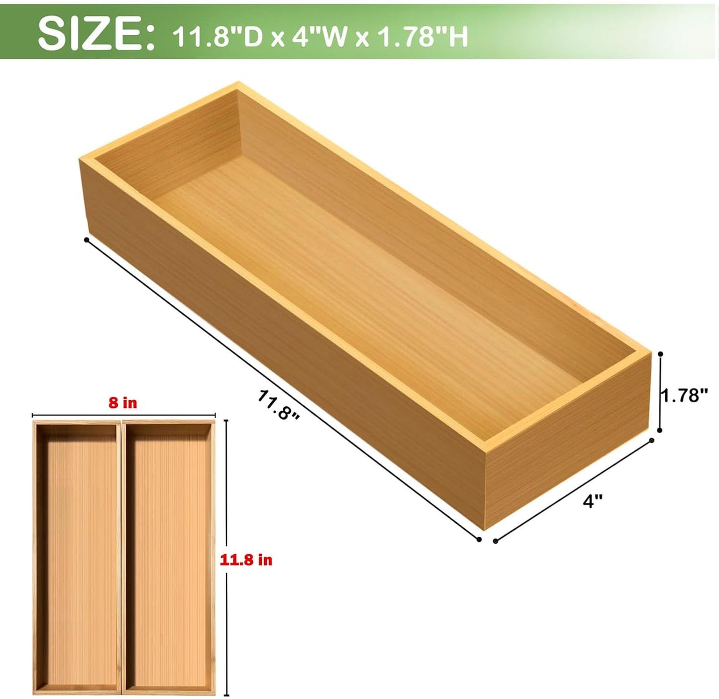 Bamboo Drawer Silverware Organizer, Utensil Organizer, Bamboo Storage Box Wood Silverware Tray for Drawer Set of 2