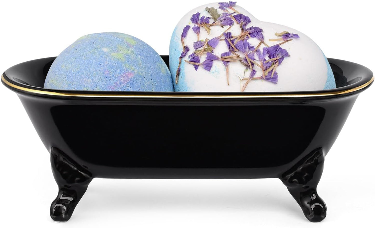 6.5" Ceramic Mini Decorative Clawfoot Bathtub Bar Soap Dish, Kitchen Sponge Holder and Shower Tray for Bathroom, 1 Pack (Black Gold Rim)