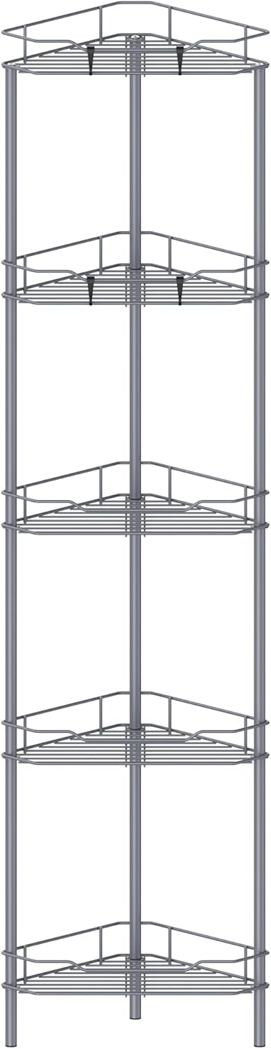 5 Tier Floor Standing Corner Shower Caddy Organizer Shelf with Hooks, Bathroom Shelves Stand Rack, Dark Gray