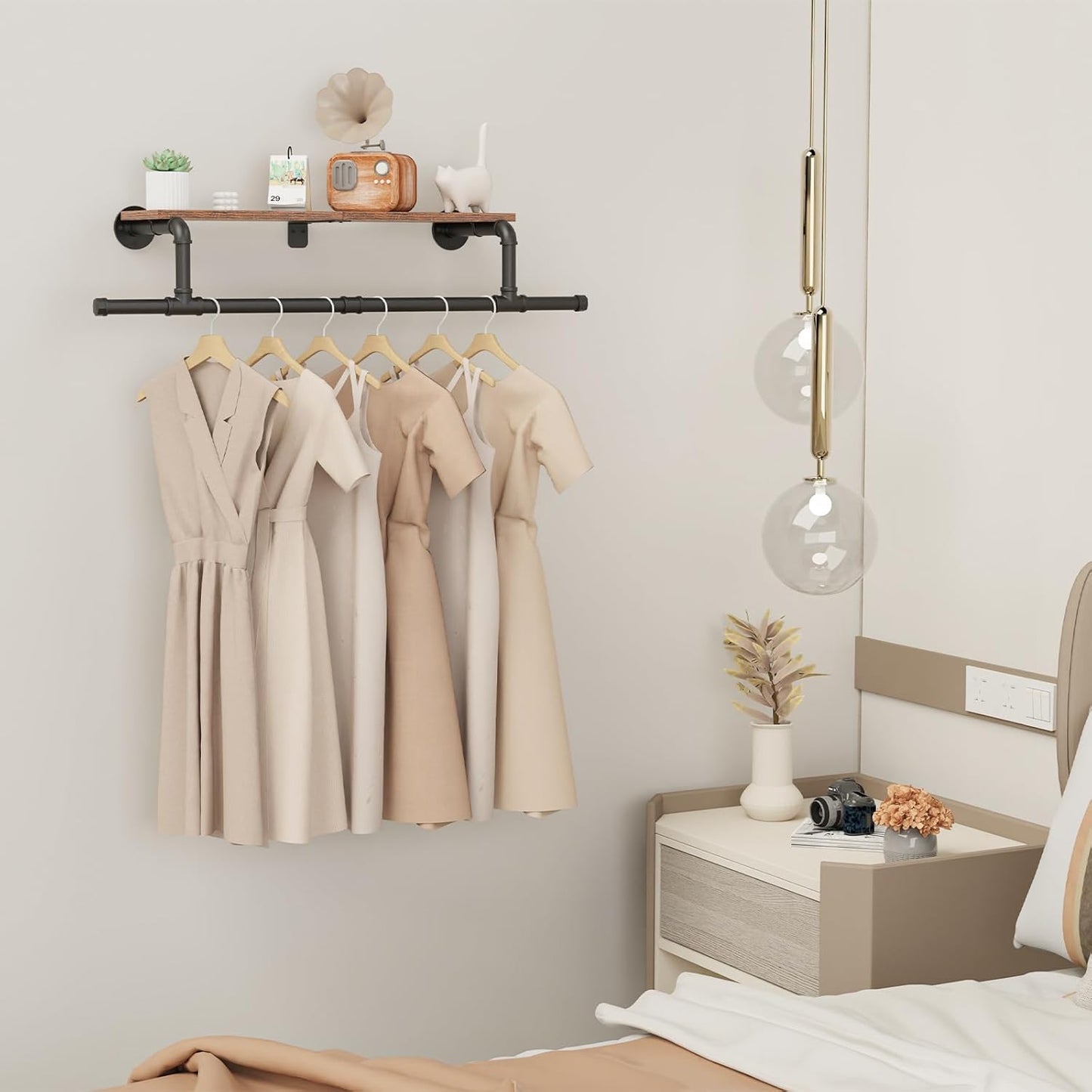 Wall Mounted Clothes Rack with Top Shelf, Space Saver Industrial Pipe Shelving, Heavy Duty Iron Closet Poles, Extension at Both Ends, 37.6×10.2×5.9 Inch, Black