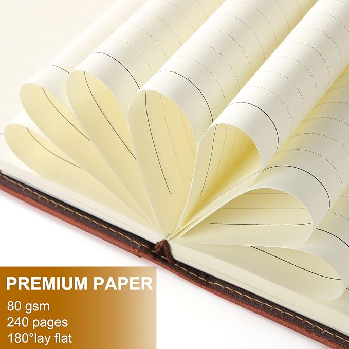 A5 Lined Leather Notebook and Pen Set with Gift Box, 240 Pages Refillable Journal with Pocket and Magnetic Buckle, Hardcover Daily Diary for Men and Women Business Travel Personal Writing- Brown