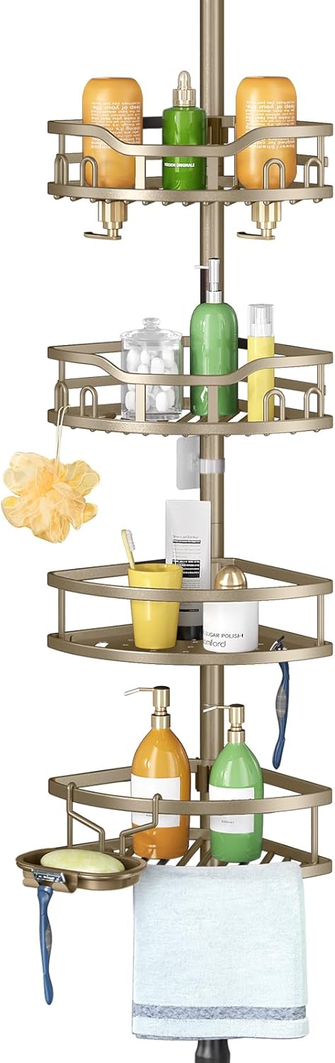 HAMITOR Corner Shower Caddy Tension Pole: Rustproof 4-Tier Bathroom Organizer Shelves for Bathtub Shampoo Storage - 47-121 Inch Quick Install Adjustable Rod Standing Rack with Soap Rack - Matte Gold