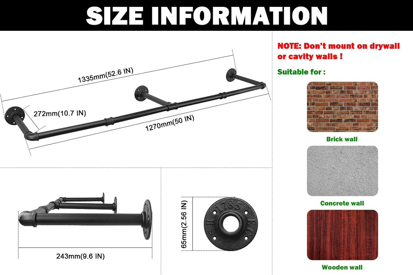 Livabber Industrial Pipe Clothes Rack, Heavy Duty Detachable Iron Garment Rack Wall Mounted, Rustic Saving Space Clothes Bar Multi-Purpose Hanging Rod for Bedroom, Closet, Black (50 Inch)