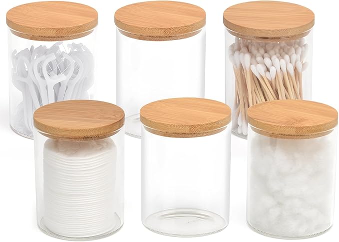 6 Pack Glass Qtip Holder Dispenser Set - Apothecary Jars with Lids for Vanity Makeup Organizer - Bathroom Canister Storage Organizer