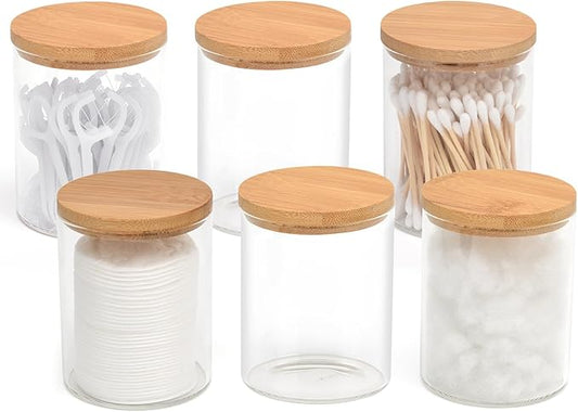 6 Pack Glass Qtip Holder Dispenser Set - Apothecary Jars with Lids for Vanity Makeup Organizer - Bathroom Canister Storage Organizer