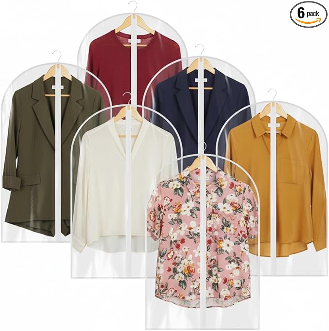 36” All Clear Garment Bags for Women Suit Bags - PEVA Waterproof Suit Cover with Zipper for,Hanging Clothes, Coats - Durable Dresser for Closet Storage, Dustproof & Moisture Resistant - 36”/6 Pack