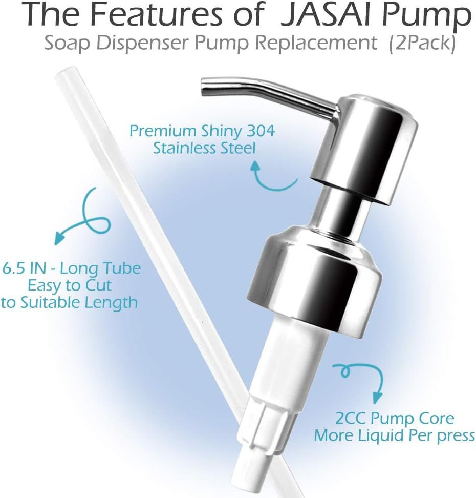 JASAI Durable 304 Rust Proof Stainless Steel Soap Pump, Kitchen Soap Dispenser Pump Replacement for Regular Mouth Bottle, 2 Pack