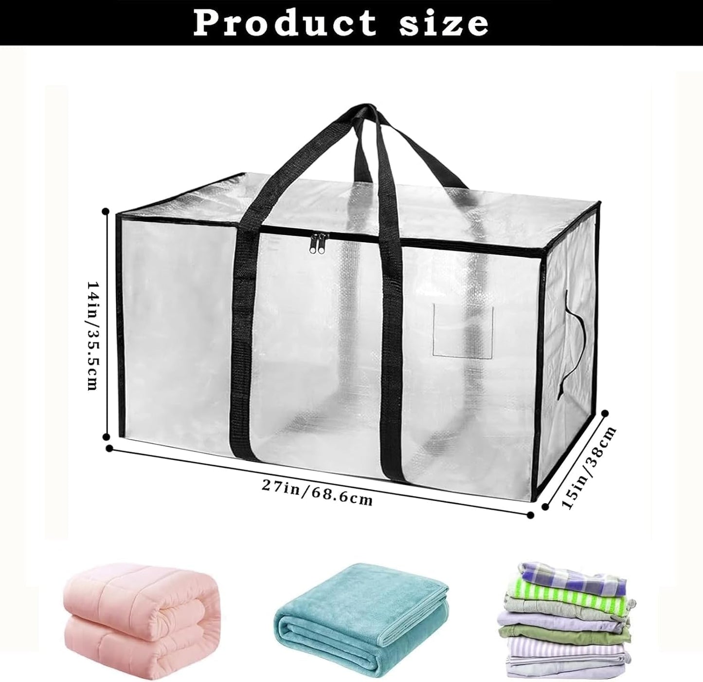 8 Pack-Extra Large Heavy Duty Moving Bags - Waterproof Storage Totes with Handles & Zippers, Foldable for College Dorm, Storage (Clear)