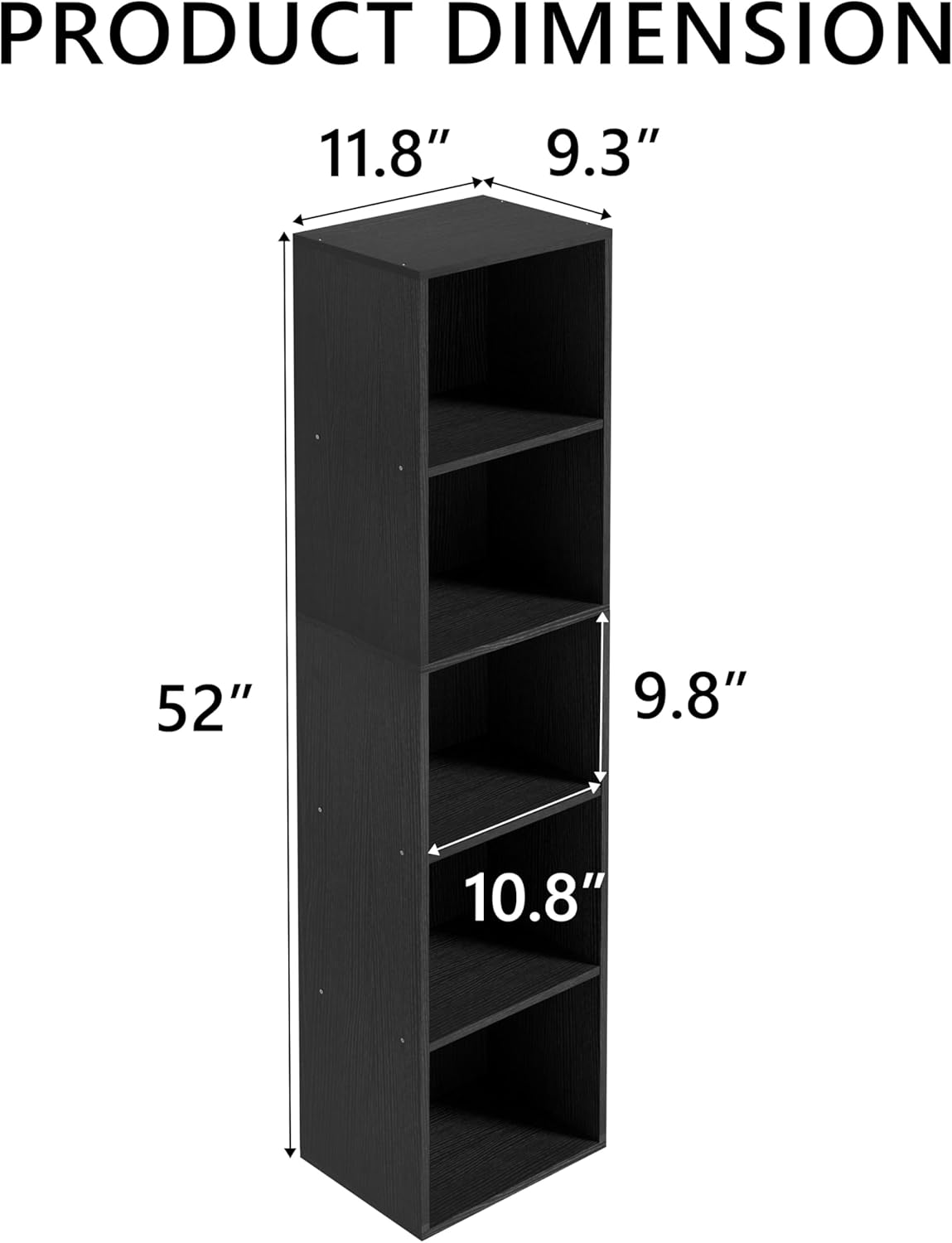 Wooden 5 Cube Storage Organizer, 5 Tier Storage Cubes Storage Display Cubby, 52 Inch Tall Versatile Cubes Shelf and Cubby Organizer for Any Space (Black, 5 Cube-W(11.8inch)