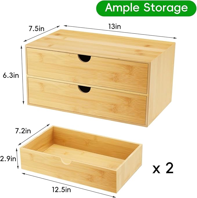 Neando Bamboo Desk Organizer with 2 Drawers, Wooden Countertop Drawers Organizer, Tabletop Storage Organization Box for Office & Home, No Assembly Needed