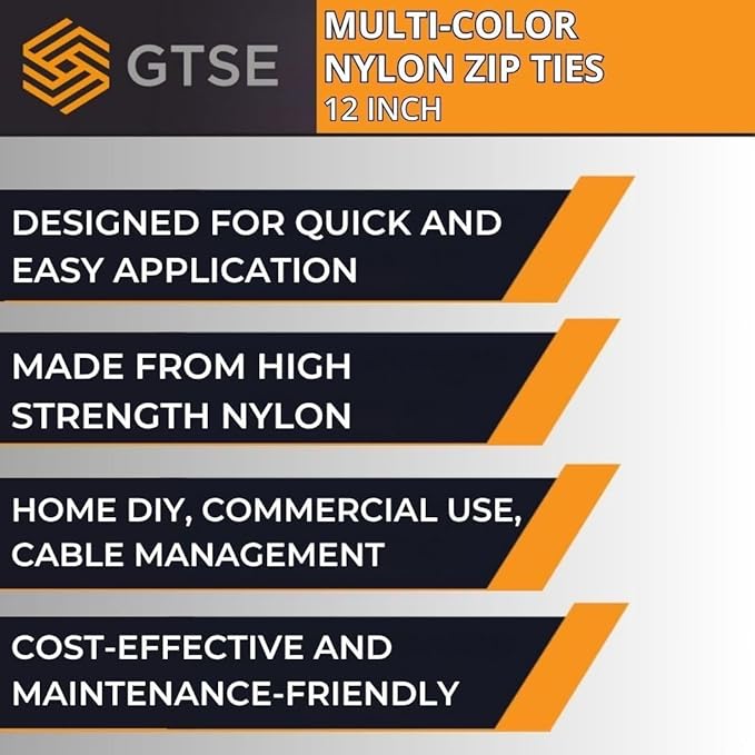 GTSE 12 Inch Mixed Colored Zip Ties, 200 Pack, 18lb Strength, UV Resistant Long Nylon Cable Ties, Self-Locking 8" Tie Wraps (Red, Blue, Green, Yellow)