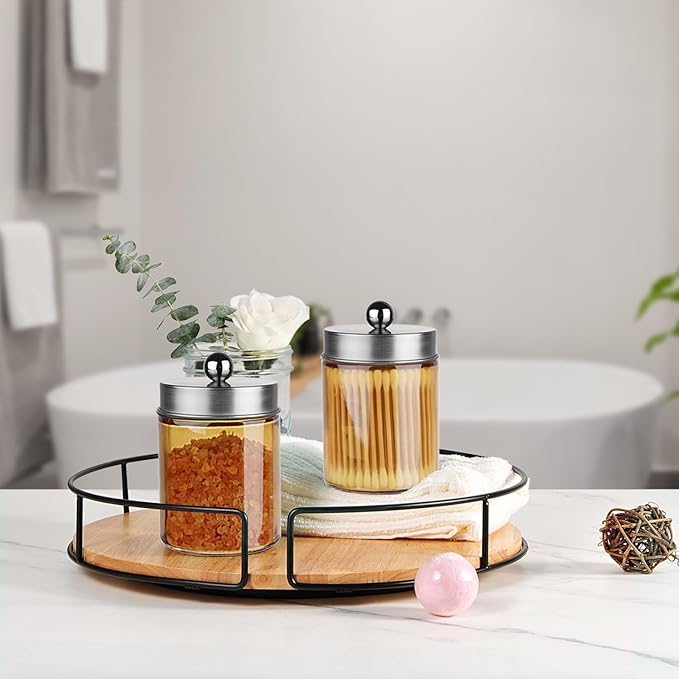 Amolliar Bronze Glass Apothecary Jar, Qtip Holder Metal Lid & Stickers, Bathroom Qtip Dispenser Storage, Canister for Cotton Balls, Cotton Swabs, Makeup Pads, Bath Salt, Floss, 4 Pack (Brushed Nickel)