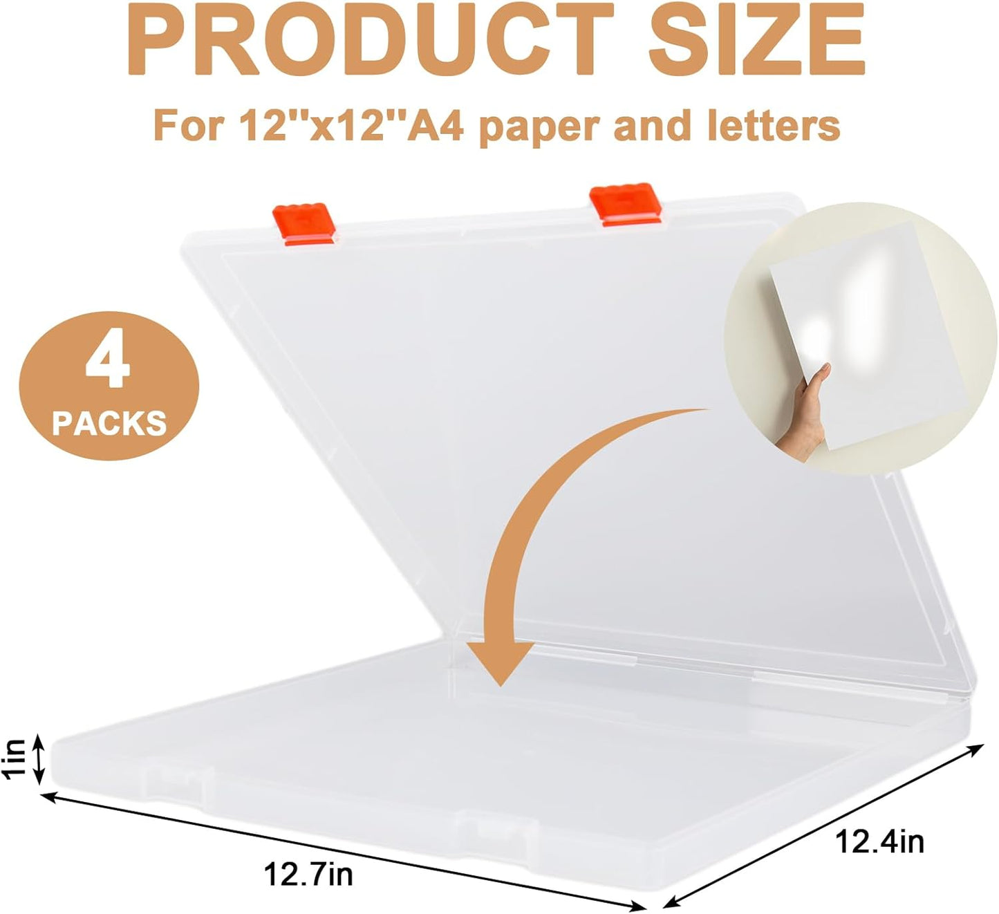 Scrapbook Paper Storage Box 12.7 x 12.4 x 1 Inch Clear Plastic Organizer for Craft Letter Paper Cardstock Documents Office School Supplies, 4 Pack