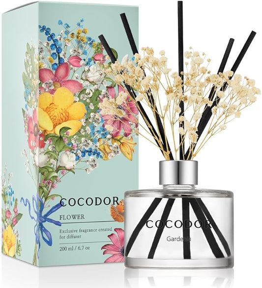 COCODOR Flower Reed Diffuser Set / 6.7oz / Gardenia/Scent Diffuser with Sticks Home Fragrance Reed Diffuser for Bathroom Shelf Decor for Women