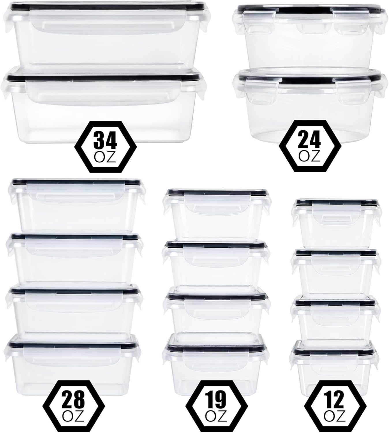 32 Piece Food Storage Container with Lids (16 Containers + 16 Lids) - Plastic Food Containers with Lid, Airtight Leak Proof Snap Lock, BPA Free Storage Containers