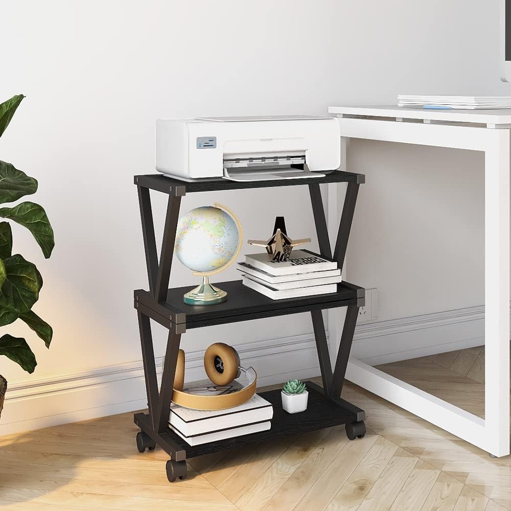 VEDECASA Retro Desktop Printer Stand 2 Double Tiers Wood Printer Shelf Modern Wood Storage Book Shelf Organizor for Home Office Stylish Sturdy V Shaped (Black)