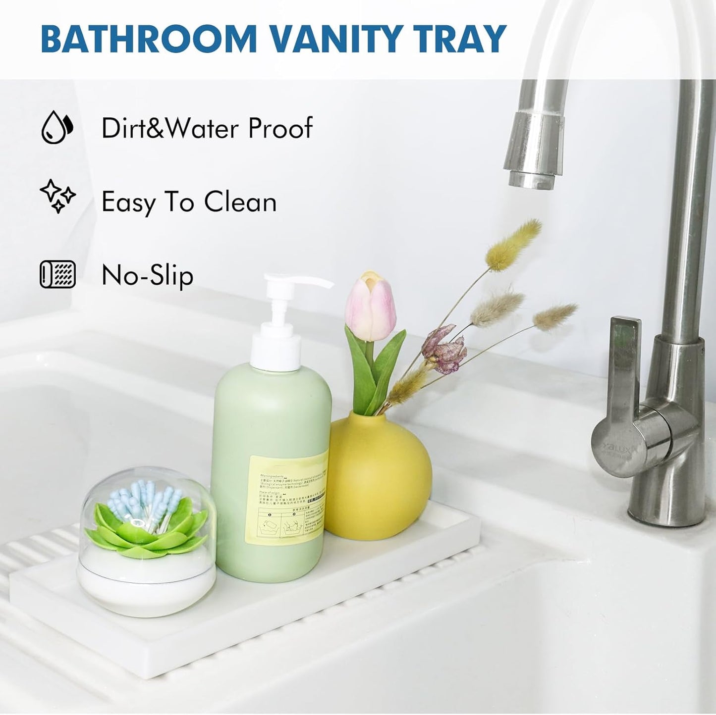 Bloss Small Bathroom Vanity Tray with Soap Dish, 8 x 4 inch Silicone Kitchen Sink Soap Tray,Bathroom Counter Trays Organizer for Candle Perfume Jewelry Key, Write