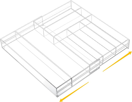 1 Pcs Acrylic Drawer Organizer Maximum 15 x 18 x 2 Inch Expandable Drawer Organizer Pens Notebook Ruler Makeup Tray with 7 Adjustable Compartments for Desk Office Kitchen Bathroom (Clear)