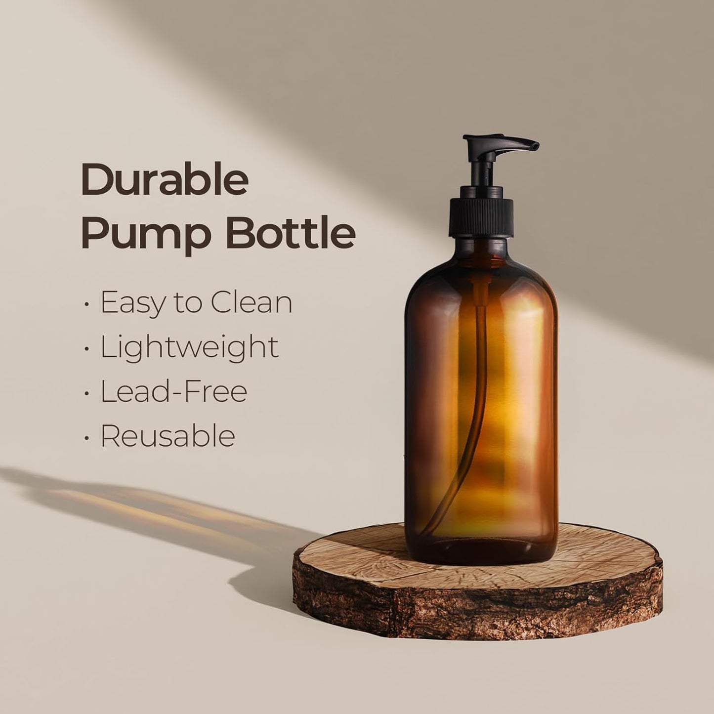 SOUL ONE 16oz Amber Glass Hand Soap Dispenser, 2 Pack - Thick Pump Bottles for Bathroom, Kitchen, Countertop - Refillable Brown Bottles for Shampoo, Conditioner, Lotion, Oil, Liquid, Set of 2