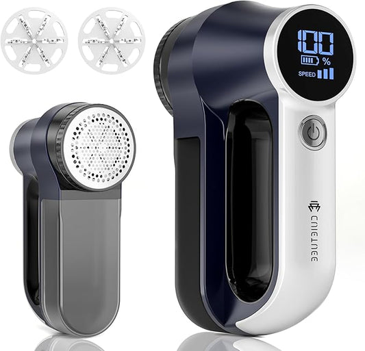 Rechargeable Fabric Shaver | 3-Speed Electric Lint Remover | 6 Blades High Eliminates Fuzz & Pilling | with LED Display & Type-C Fast Charging Port | Lint Shaver for Clothes & Furniture - Navy Blue