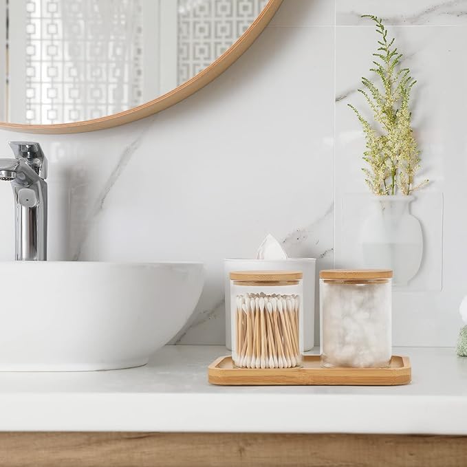 Bamboo Vanity Tray, Bathroom Tray Organizer Glass Qtip Holder Dispenser Apothecary Jars for Cotton Swabs Balls, Round Pad, Perfume Candles, Cosmetics and Jewelry Storage Organizer