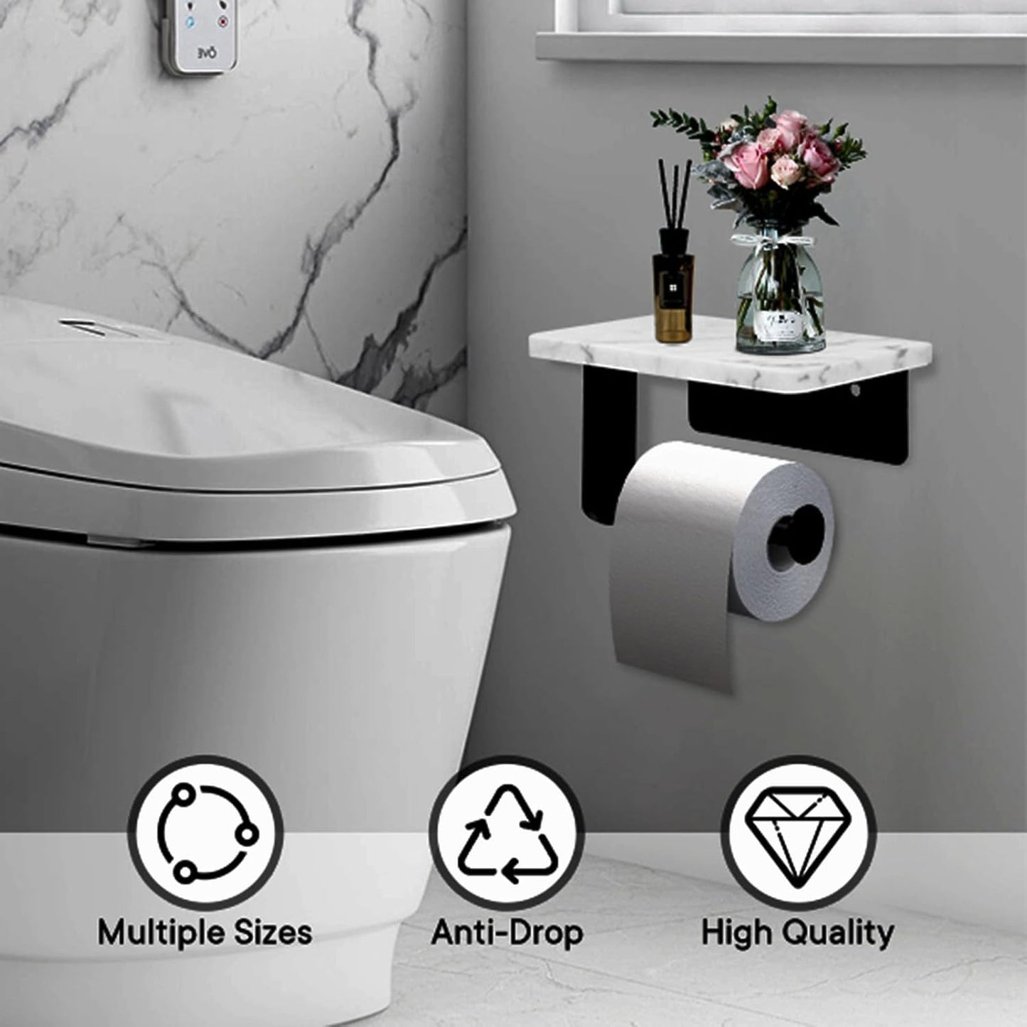 Toilet Paper Holder with Natural Marble Shelf for Bathroom Washroom,Wall Mounted Tissue Holder Suitable for Mega Roll (Small 6.7 * 4.3 in Matte Black)