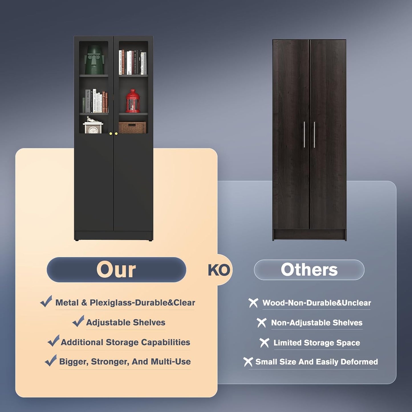 5 Tier Metal Curio Cabinets, Modern Bookshelf Cabinet with 4 Adjustable Shelves, Cabinet Display Case for Home Office, Living Room, Pantry (Black-27.5W-Metal Door)