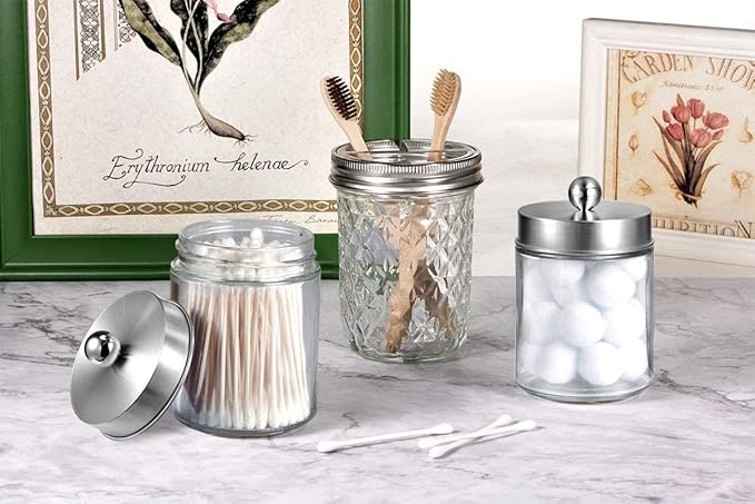 Amolliar Apothecary Jars Bathroom Vanity Organizer -Countertop Canister Jar with Storage Lid - Qtip Dispenser Holder Glass for Qtips,Cotton Swabs,Makeup Sponges ,Hair Band - Brushed Nickel (1 Pack)
