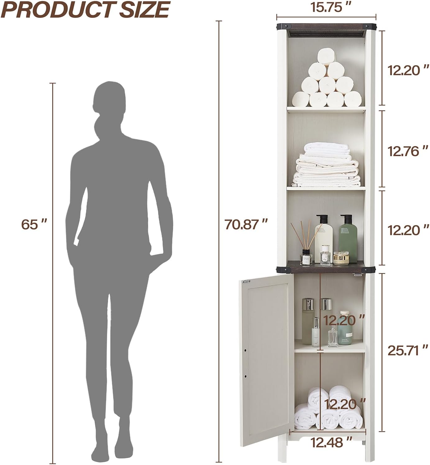 Bathroom Storage Cabinet, 5-Shelf Farmhouse Storage Cabinet with Barn Door&Adjustable Shelves, Bathroom Organizer for Living Room, Kitchen (Antique White)