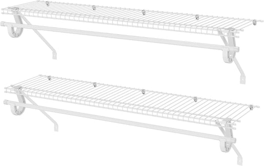 Closet Shelves Wall Mounted with Hanging Rod, 2 Pack 4 ft x 12 in White Wire Shelving Kit, Metal Wall Shelf Organizer for Home, Pantry, Laundry Room Storage