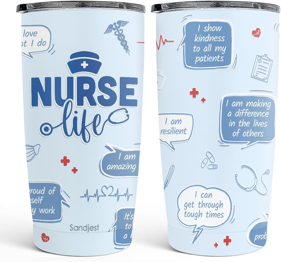SANDJEST Nurses Tumbler 20oz, Stainless Steel Travel Cup with Lid, Nurse Life Insulated Coffee Mug, Gifts for Women Girls Friends Sisters on Birthday Christmas Nurse Week