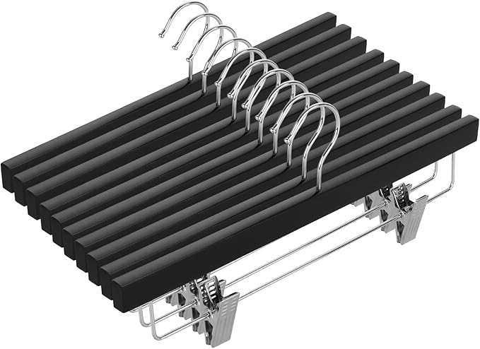 AMKUFO 20pcs Wooden Pants Hangers Solid Pants Hangers with Adjustable Clips 14 Inch Black Wood Skirt Hangers Trousers Bottom Hangers with Non-Slip Clips and 360° Swivel Hook
