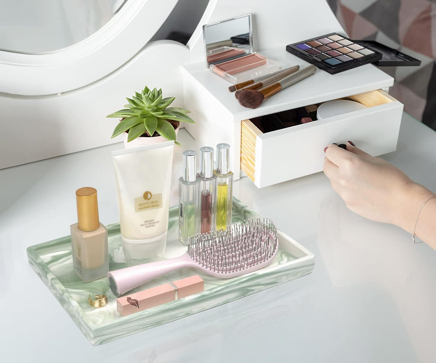 Bathroom Tray,Goporcelain Marble Tray for Bathroom Counter Decor Ceramic Perfume Organizer Vanity Tray for Dresser Jewelry Dish Key Plate Marble Sink Trays Countertop Organizer Holder (Green, Large)