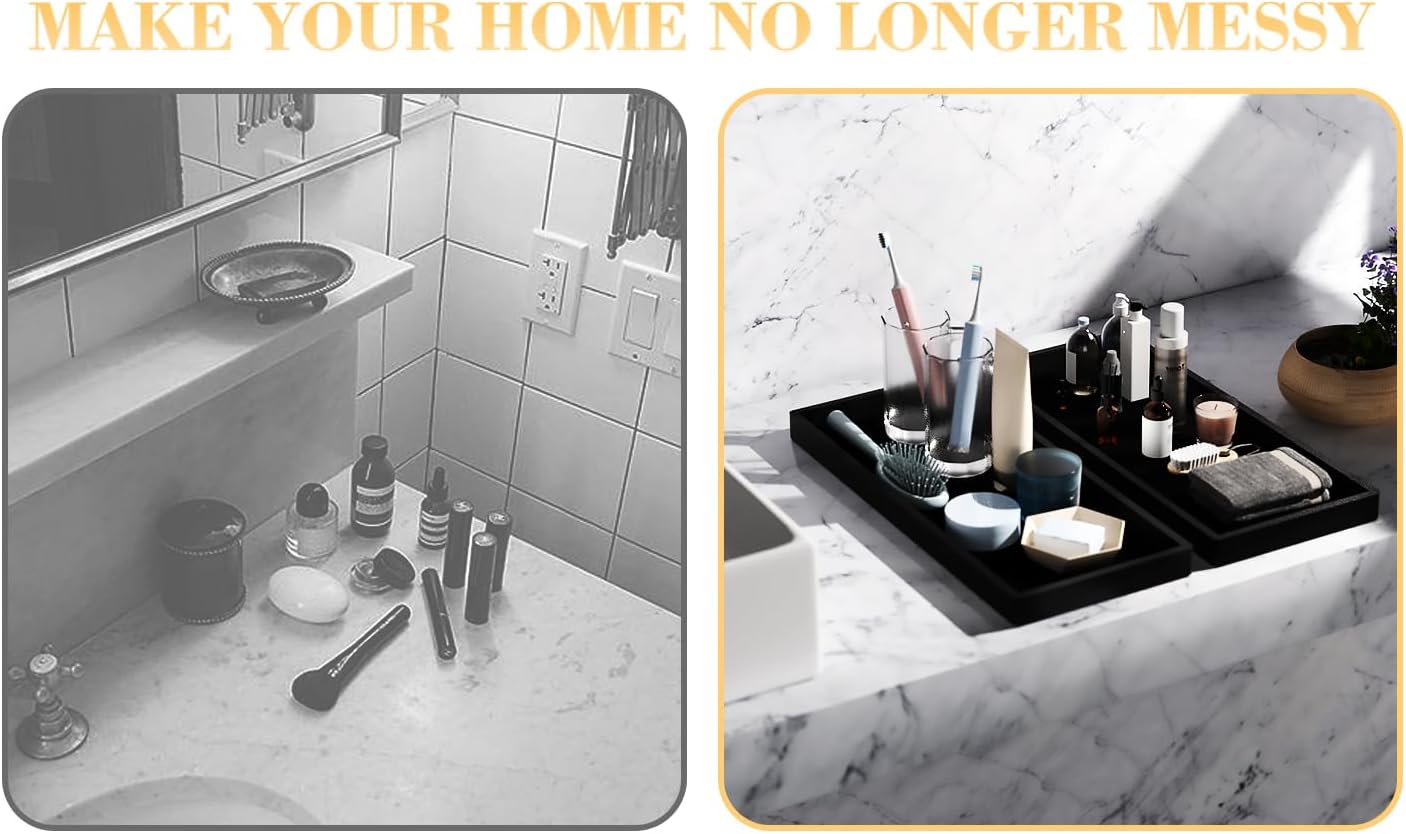 BBK Bathroom Vanity Tray 11.8 in- 2 Pack(Large) Silicone Bathroom Tray for Counter, Perfume Key Trinket Ring Tray, Decor Soap Dispenser Countertop Tray for Kitchen Sink Organization (Black)