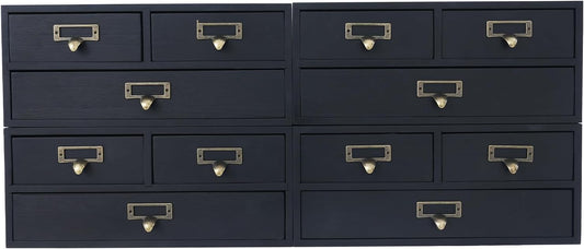 4-Piece Desktop Organizer Set with 3 Drawers, Wood & Metal Drawer Storage, Wooden Desktop Organizer for Store Cosmetics, Jewelry, Letters, Papers, Tea Bags, Sugar Packets (Black)