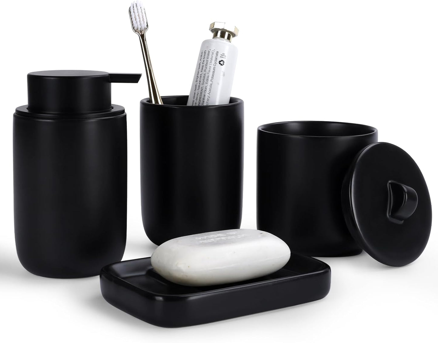 BosilunLife Ceramic Bathroom Accessories Sets - Black Bathroom Vanity Sets Accessories Soap Dispenser Toothbrush Holder Set, Soap Dish and Cotton Swab Jars, Bath Accessories Sets for Bathroom