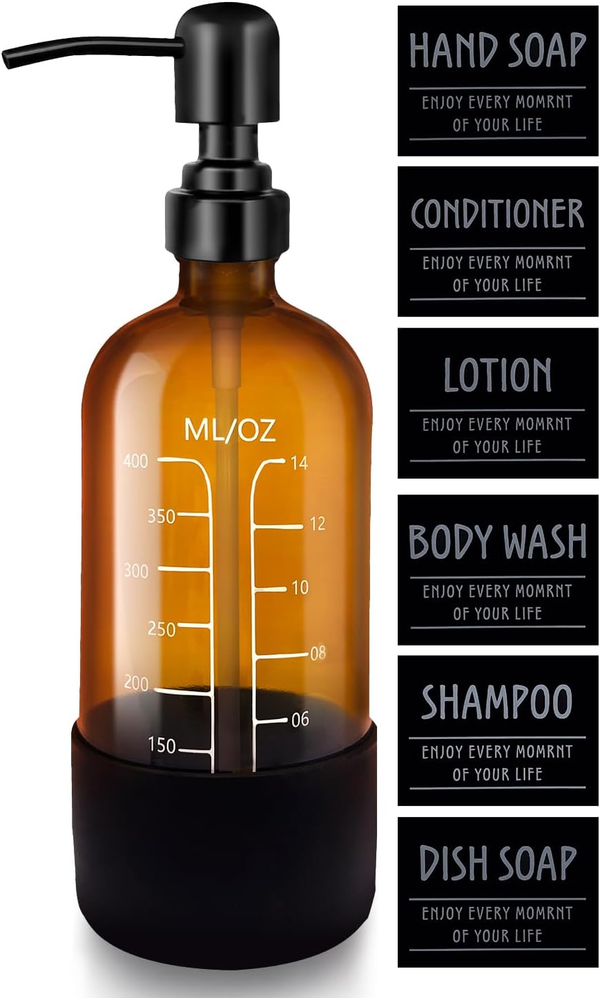 16oz Amber Glass Soap Dispenser with Stainless Steel Pump and Silicone Base for Kitchen and Bathroom