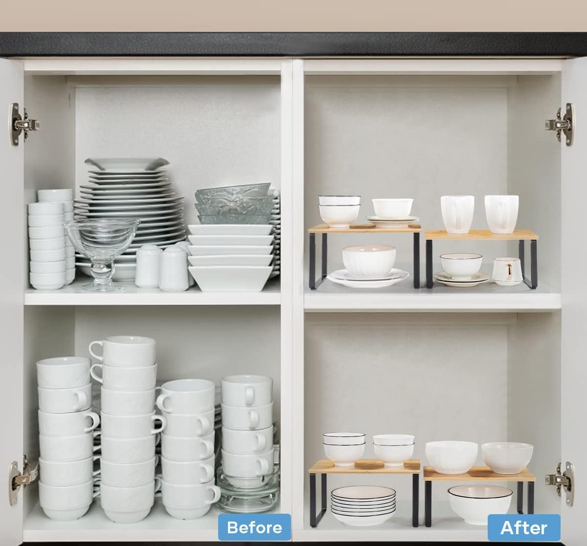 NEX Kitchen Cabinet and Counter Shelf Organizer, Stackable & Expandable, Set of 4, Black and Natural