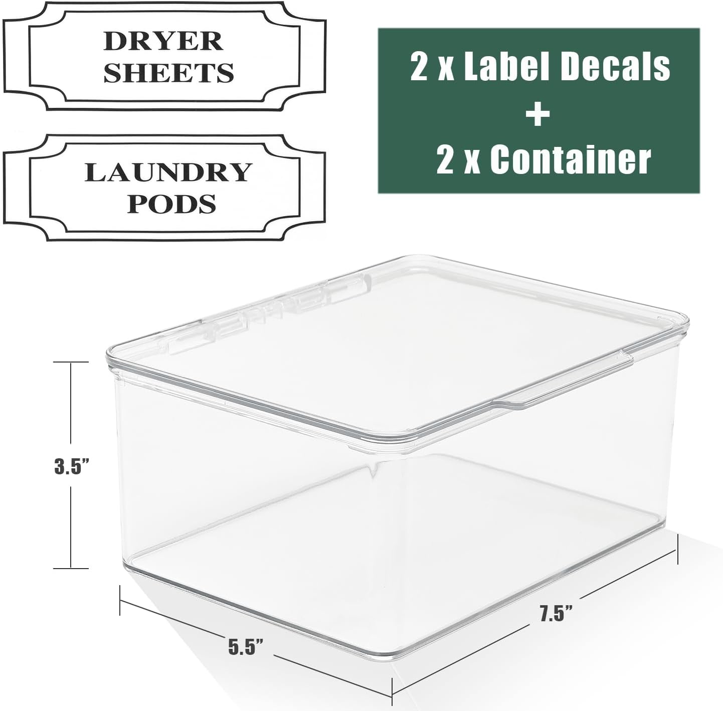 SSTATES Clear Acrylic Dryer Sheets Holder, Flip-top Laundry Pods Container with 2 Label Decals for Laundry Room Organization and Décor, Stackable Storage Box (2 Pack)