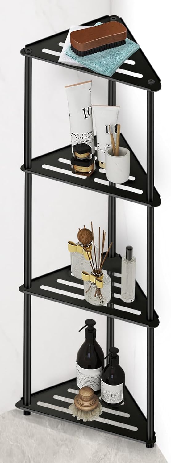 Standing Corner Shower Caddy, 4 Tier Stainless Steel Organizer Stand, Rustproof Shelves for Inside Shower, Black