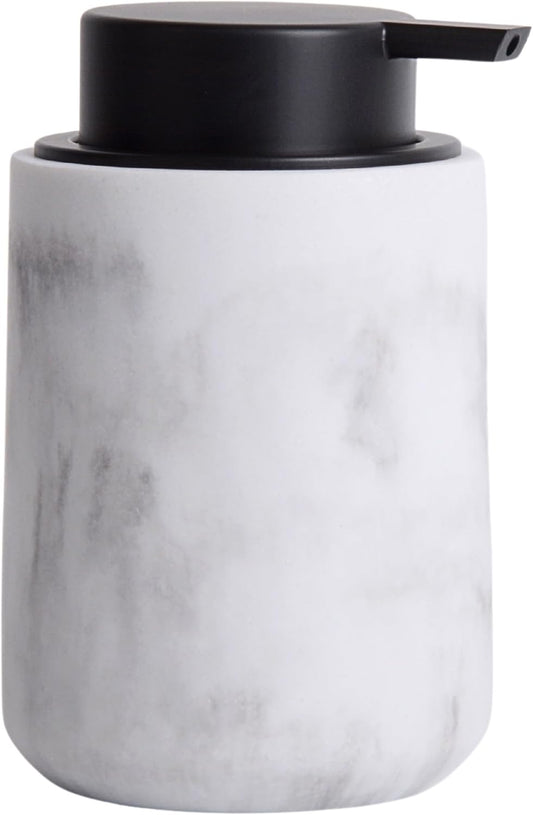 Resin Hand Soap Dispenser Easy-to-Press Liquid Pump, Refillable Soap Dispenser with White Marble Look, Waterproof Bottle Labels for Bathroom Kitchen Dish Lotion (White, 10 oz)