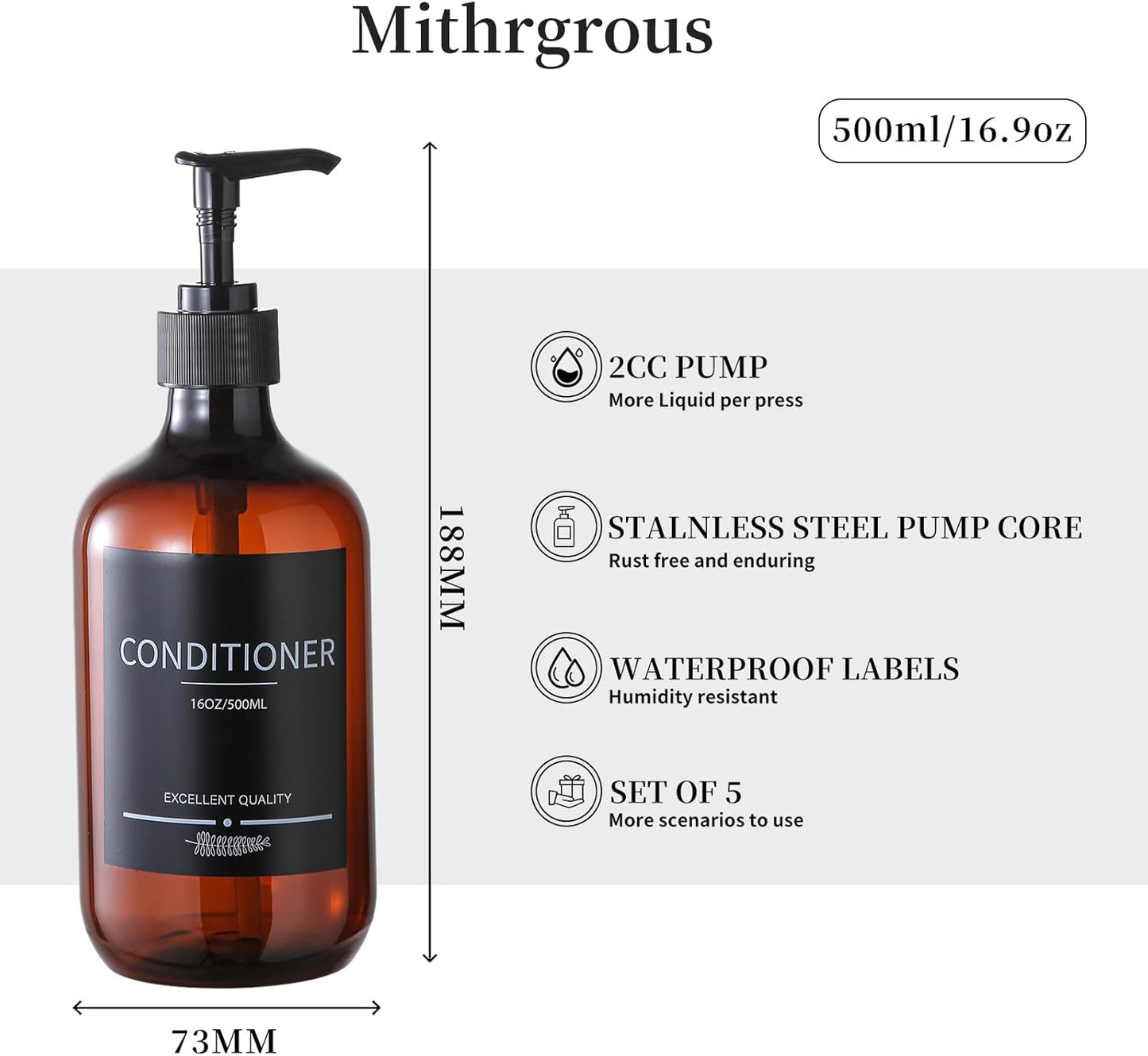 5Pack Amber Shower Bottles Refillable with Labels,16.9oz(500ml) Reusable Shampoo and Conditioner Bottles,Shampoo Dispenser Bottles