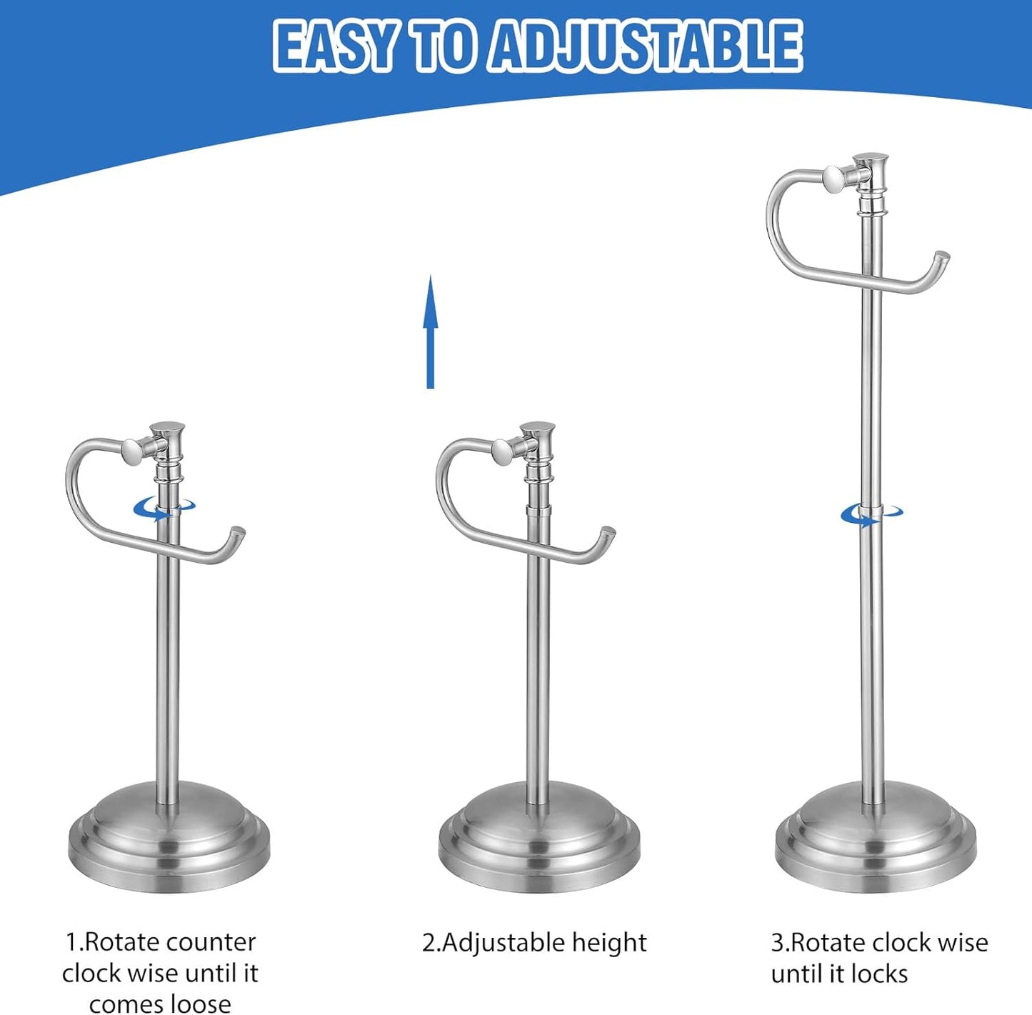 RUMOSE Toilet Paper Holder Stand for Floor, Brushed Nickel Adjustable (12.4" to 22.8") Bathroom Toilet Tissue Holder, Free Standing Toilet Paper Roll Holder with Storage, Stainless Steel