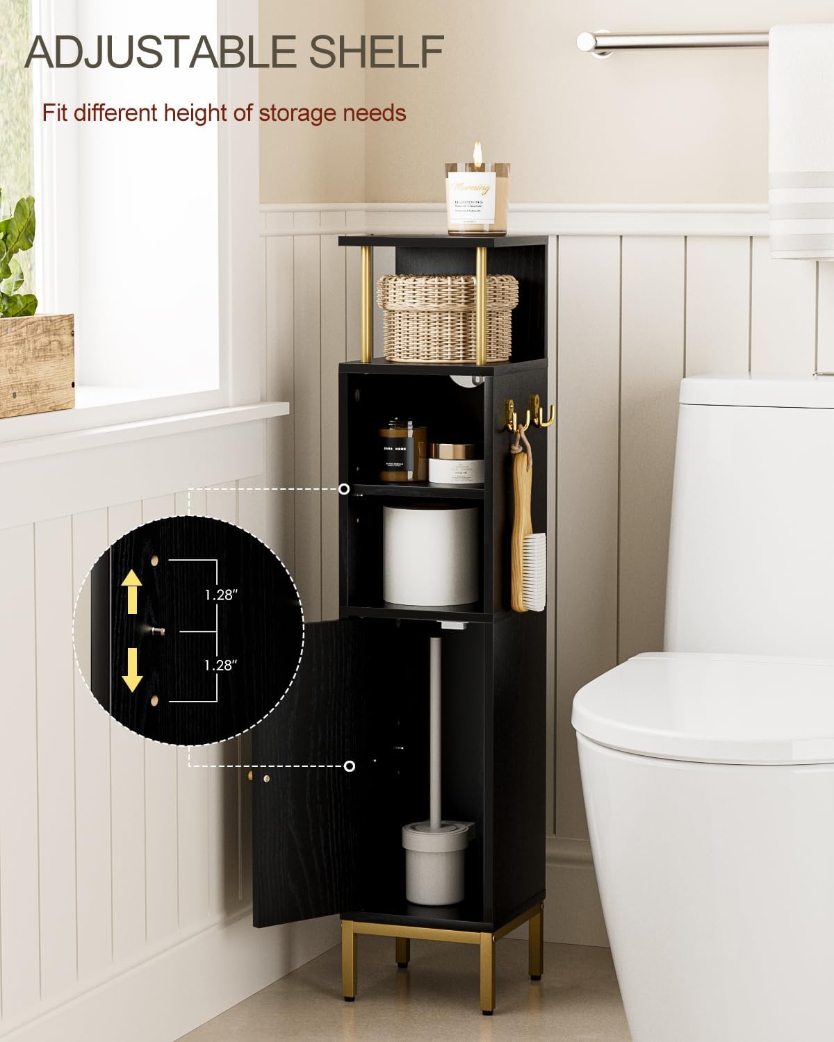 Bathroom Storage Cabinet,Small Corner Floor Cabinet with 2 Hook,Narrow Tall Toilet Paper Cabinet with Adjustable Shelves,Bathroom Organizer for Living Room,Small Spaces (Wave, Black-37''H)