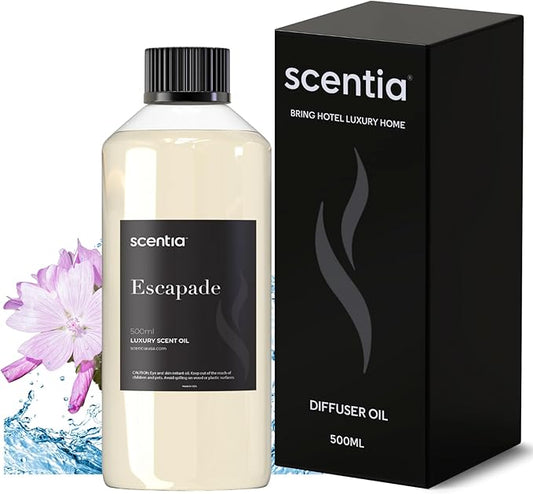 Scentia Hotel Diffuser Oil Inspired by 5-Star Hotel Scent - 500 ml 16.9 fl oz - Fragrance Oil Blend Botanical Jasmine & Marine Notes for Aromatherapy Diffusers - Escapade, Thanksgiving Gift