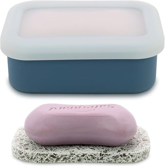 OLAMAR Portable Travel Soap Case with Draining Layer,Enhanced Leak Proof Silicone Travel Soap Container,Shatterproof Soap Holder for Traveling, Camping, Gym, Dorm, Bathroom (Blue, Small)