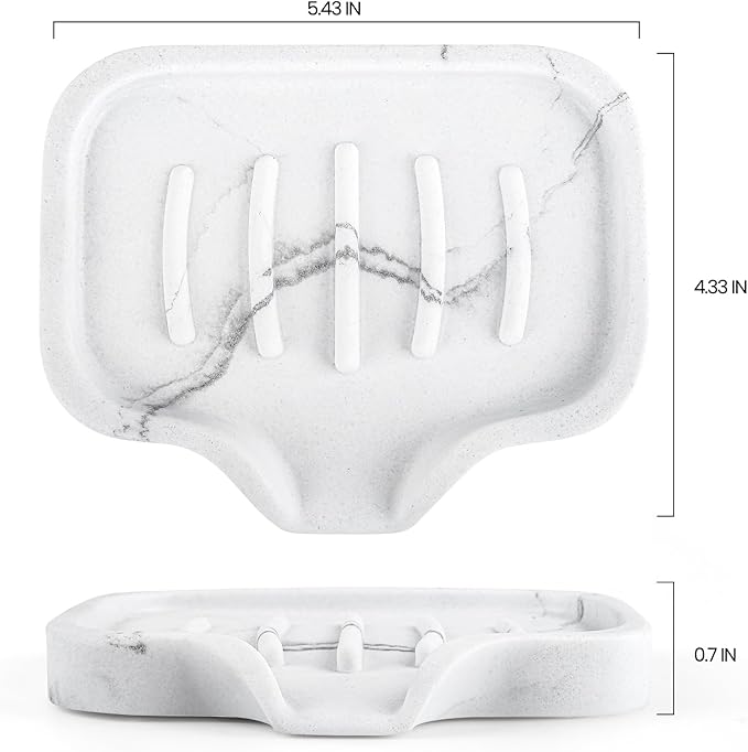 Self Draining Soap Dish- 2 Pcs Bar Soap Holder for Shower, Marble Look Large Soap Savers Soap Tray Sponge Holder for Kitchen Bathroom Bathtub Sink, White