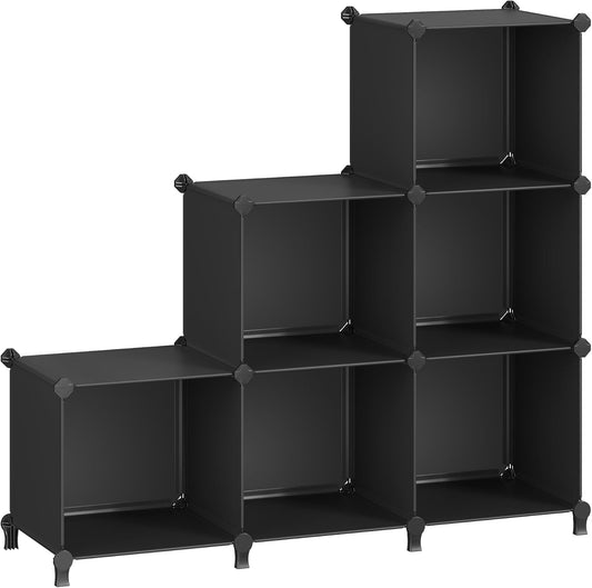 SONGMICS 6 Cube Storage Organizer, Modular Bookshelf, DIY Closet Organizers and Storage, Plastic Stackable Shelves, 14.6 x 13 x 13 Inch Cubes, with Feet and Rubber Mallet, Black ULPC206B01