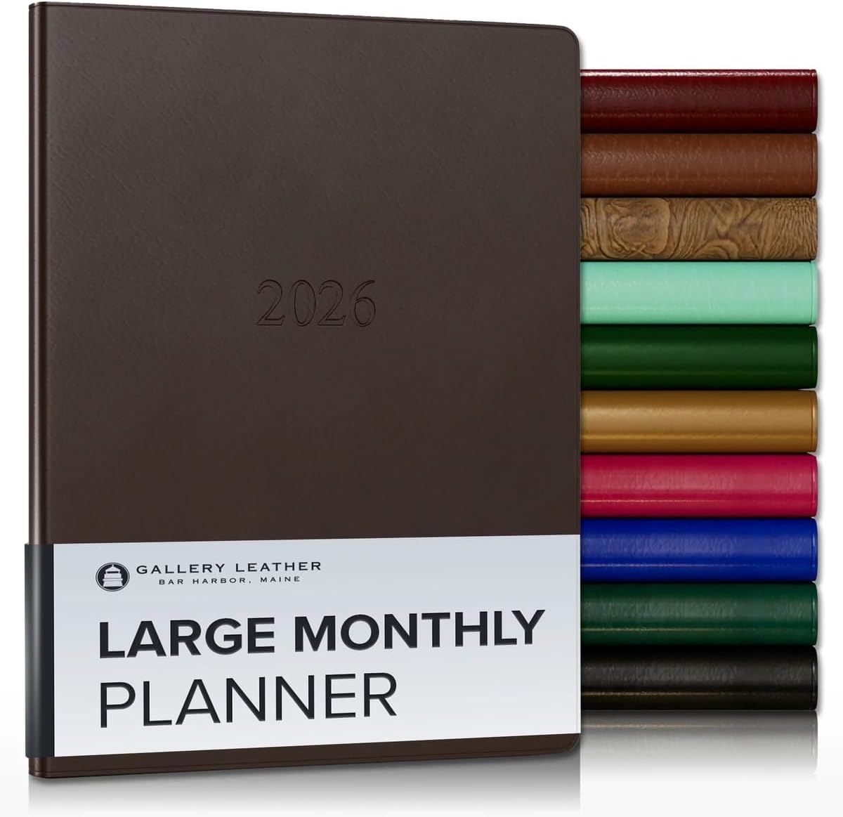Gallery Leather Large Monthly Planner 2025-2026, Elegantly Bound Calendar Planner and Notebook with Stylish Gold-Gilded Page Edges, 18 Months - Freeport Mocha - 9.75x7.5"